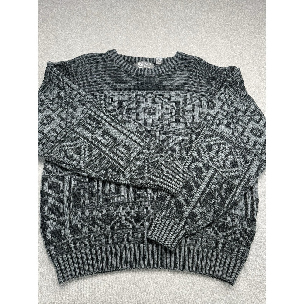 Banner Vintage Coogi Style Gray Black Textured Knit Sweater Mens XL USA 90s